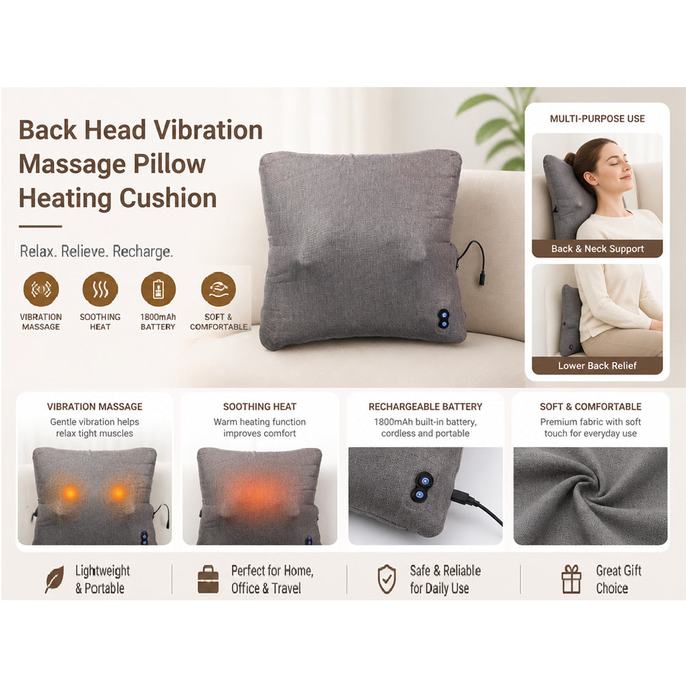 Vibration Massage Pillow with Heating, Rechargeable Back Neck Massage Cushion for Home Office Travel