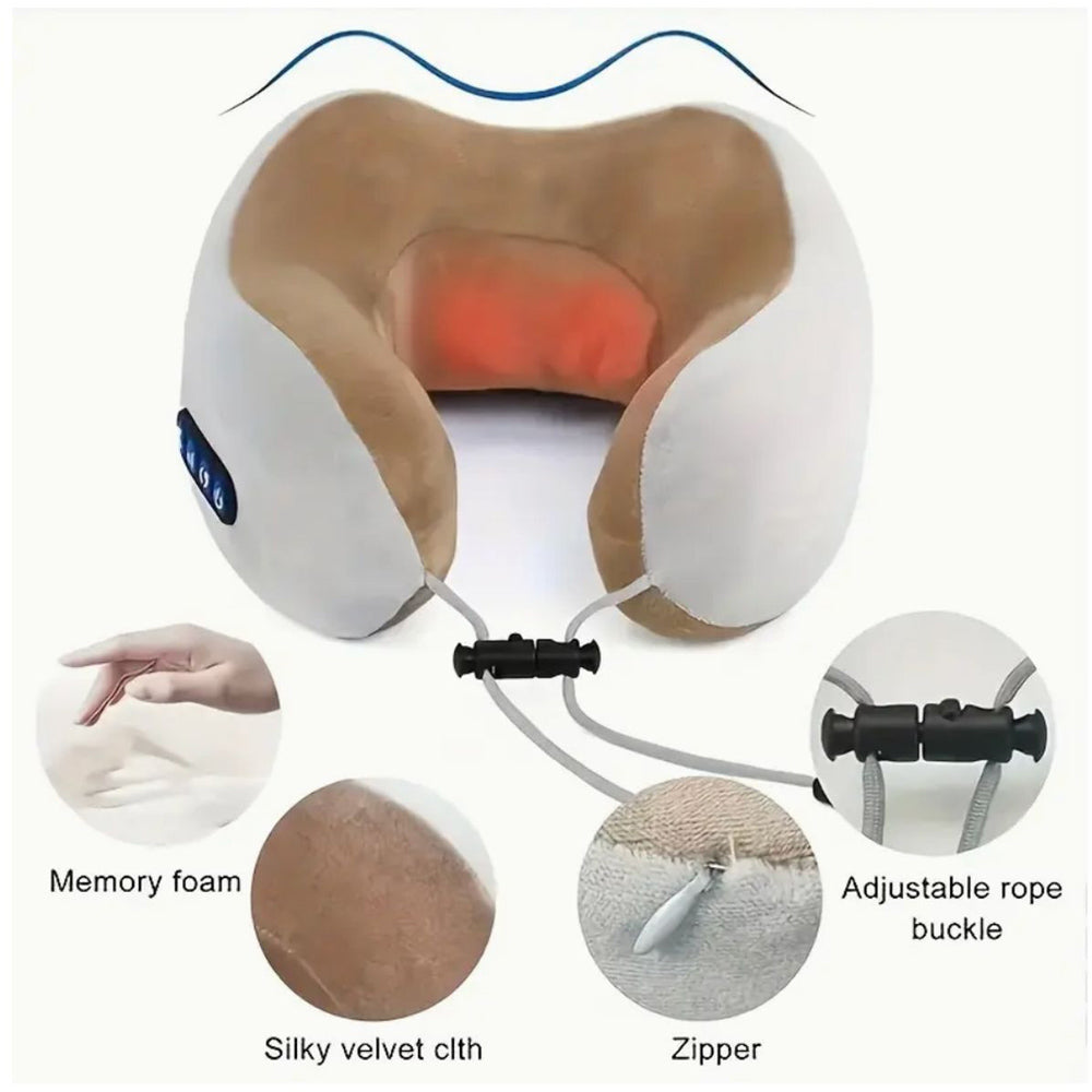U-Shaped Neck Massage Pillow, Grey Travel Massager Pillow with Memory Foam & Velvet Cover grey color