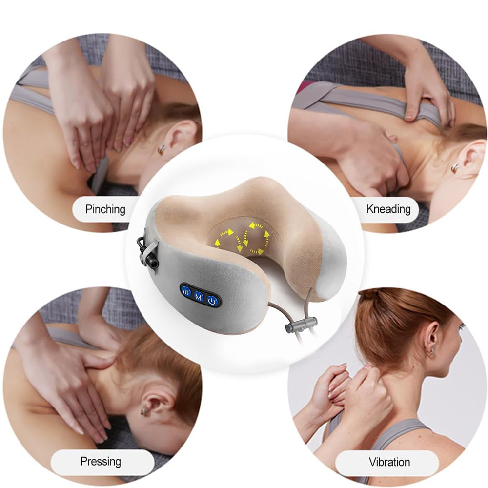 U-Shaped Neck Massage Pillow, Grey Travel Massager Pillow with Memory Foam & Velvet Cover grey color